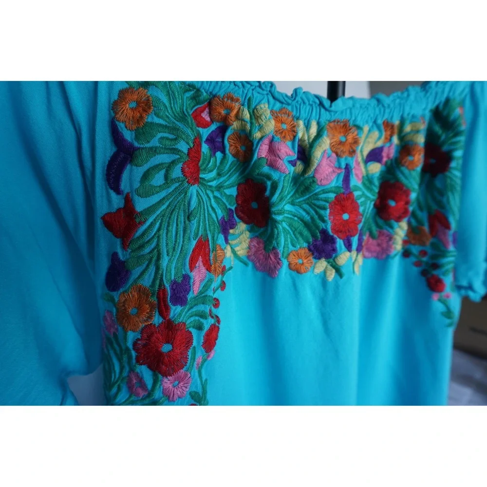 Jodifl Turquoise Floral Embroidered Off Shoulder Mini Dress B1769 Teal Blue L